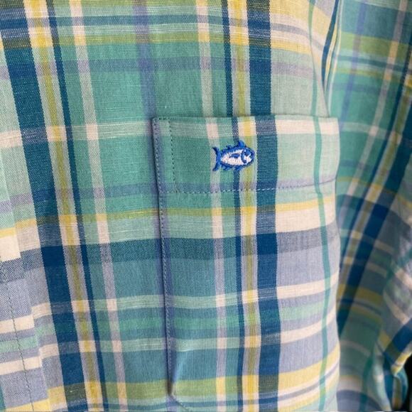 Southern Tide Blue and Green Plaid Button Down Linen Shirt - Large - Picture 4 of 5